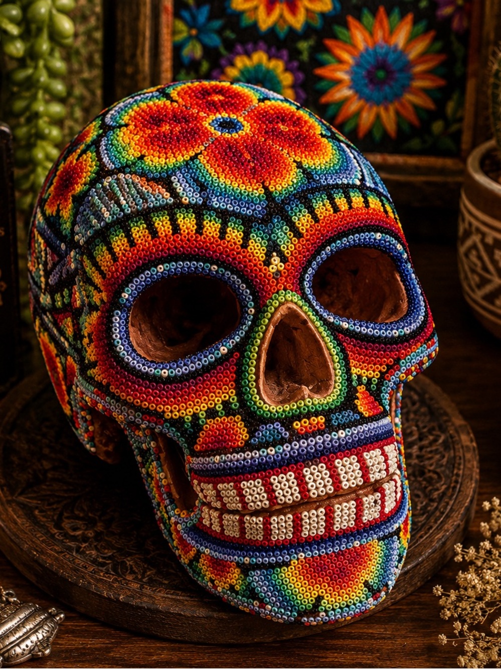 Huichol Style Beaded Skull Cast Resin Mexican Folk Art Day of the Dead Decor